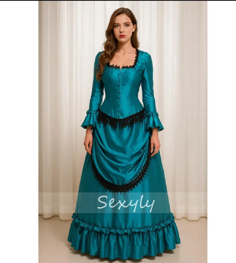 

Винтажное бирюзово-синее вечернее платье с суетой и черным кружевом с длинными рукавами и оборками, атласное викторианское платье для выпускного вечера Марии-Антуанетты по индивидуальному заказу