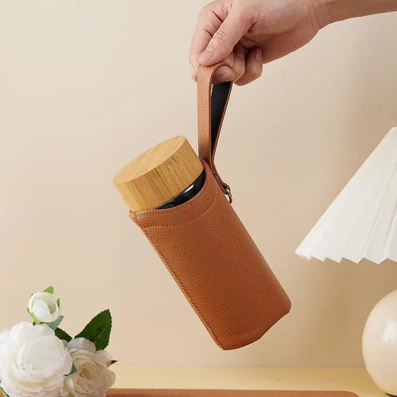 Thickened PU Leather Mug Sleeve Universal Glass Water Cup Protector With Hand Strap Elegant Modern Insulated Cover