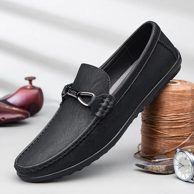Spring Metal Buckle Loafers Men's Luxury Brand Low Cut Fashion Casual Shoes Soft Sole Simple Formal High-quality Leather Shoes