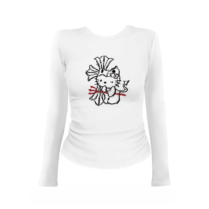 

Футболка с забавным принтом серии «Hello Kitty», летние женские футболки с мультяшным рисунком, модный свободный повседневный топ с круглым вырезом