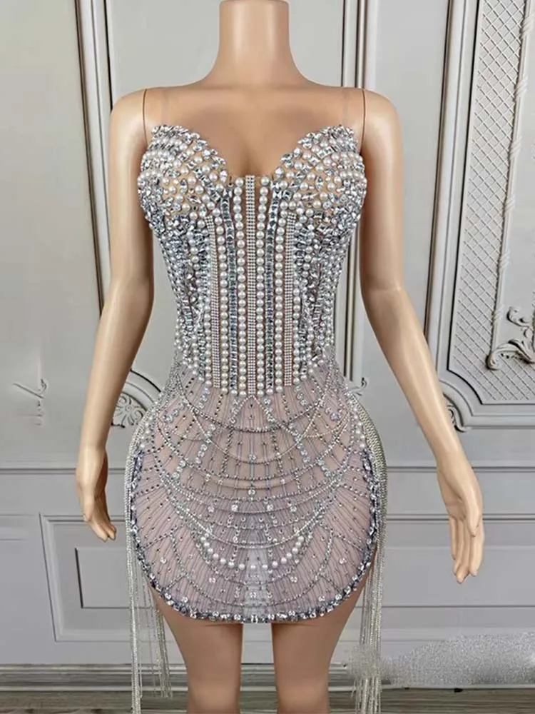 

High Quality Hot Bead Diamond Tassel Sexy Strapless Dress 2025 New Fashion Custom Women'S Clothing