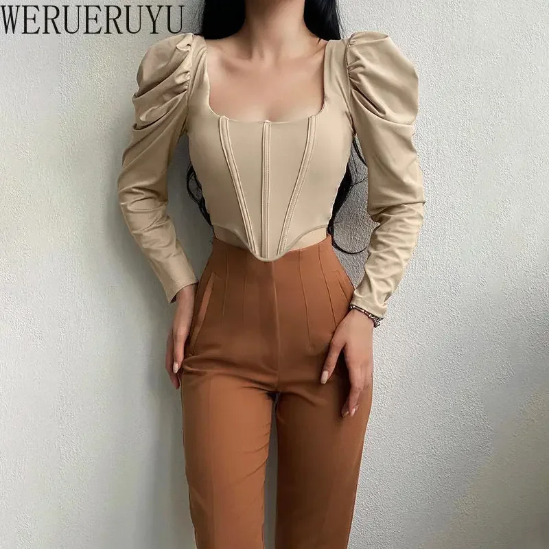 Sexy Short T-shirt Long Sleeve Crop Top Women Y2k Clothes Autumn and Winter Vintage Square Collar Puff Sleeve Woman Tshirts 2024