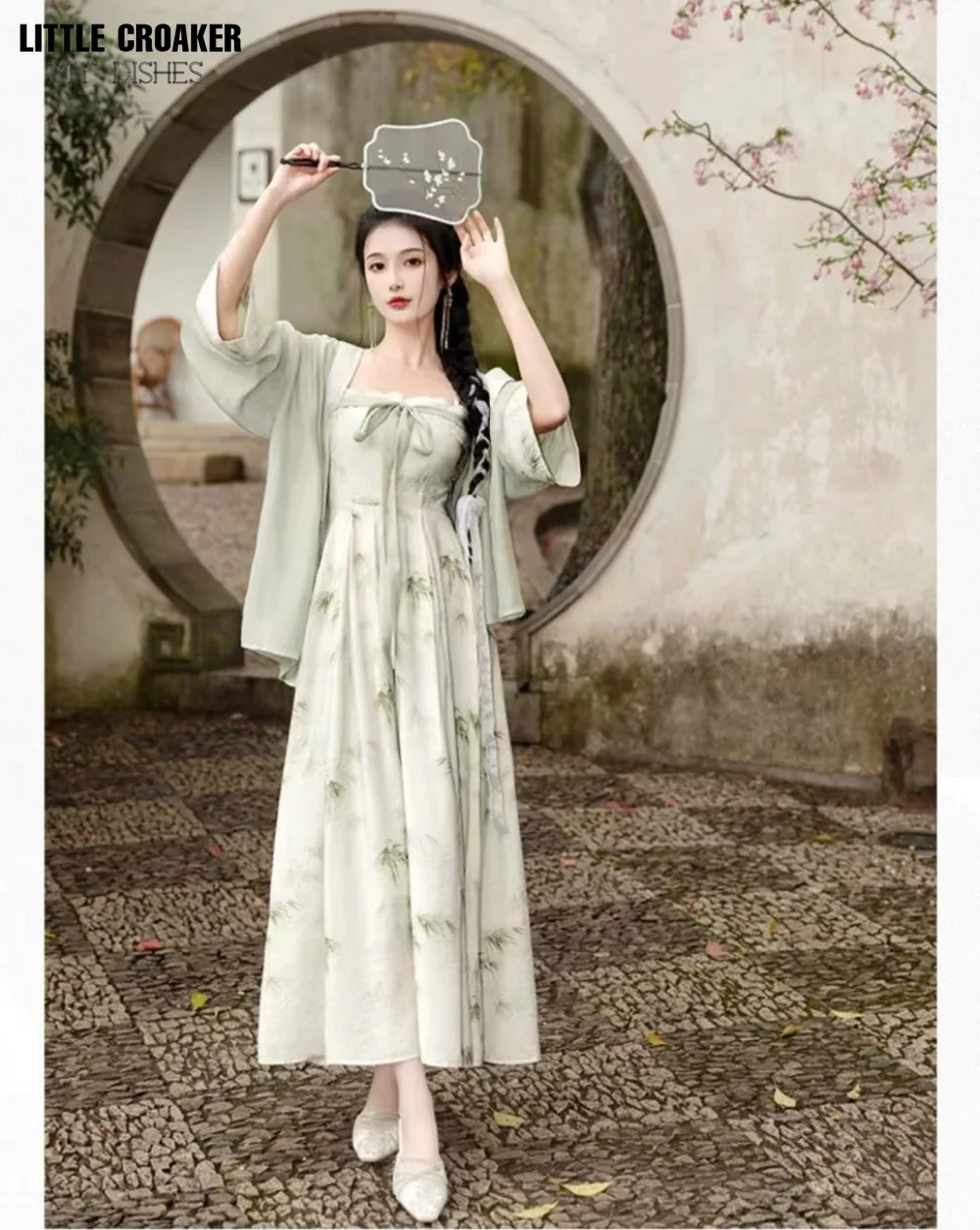 Summer Chinese Hanfu Dress 2pcs Improved Modern Style Traditional Bamboo Printed Cardigan Coat+ Dress 2pcs Sets Hanfu Female
