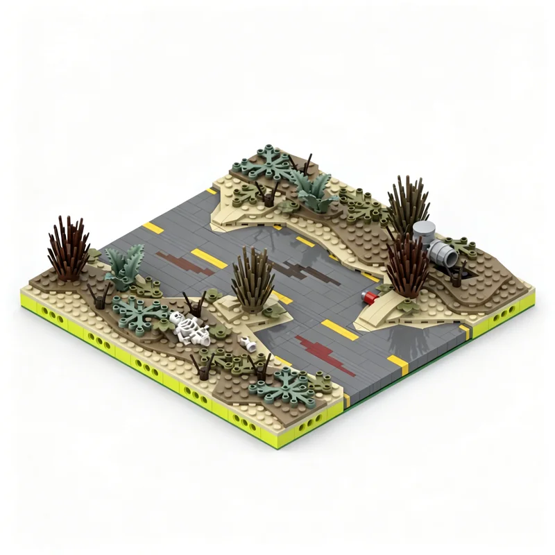 489pcs MOC MILS Wasteland Road Straight 16 Studs Wide Fallout Modular Buildings Model Building Blocks Architecture Brick Idea