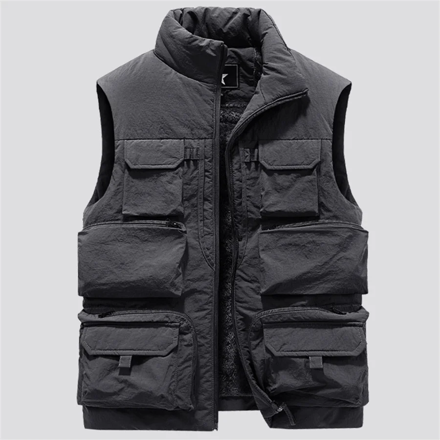 Winter Warm Men's Cargo Vest Thick Fleece Sleeveless Jacket Tactical Coat Men Pockets Work Wear Grey Waistcoat Oversize 6XL