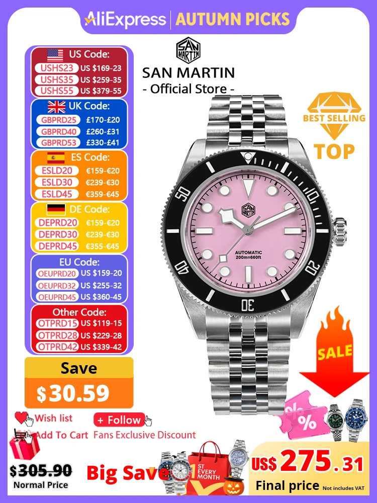 San Martin 40mm Pink BB Diver Watch NH35 Top Brand Classic Luxury Men's Automatic Mechanical Sapphire Waterproof 200m SN0128