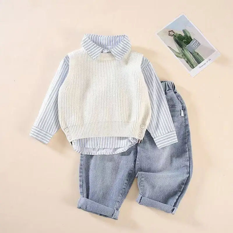Boys\' Spring and Autumn Set Children\'s Sweater+Vest+Jeans Three piece Set 2025 New Style 1-5 Year Old Boys\' Baby 3 Pcs