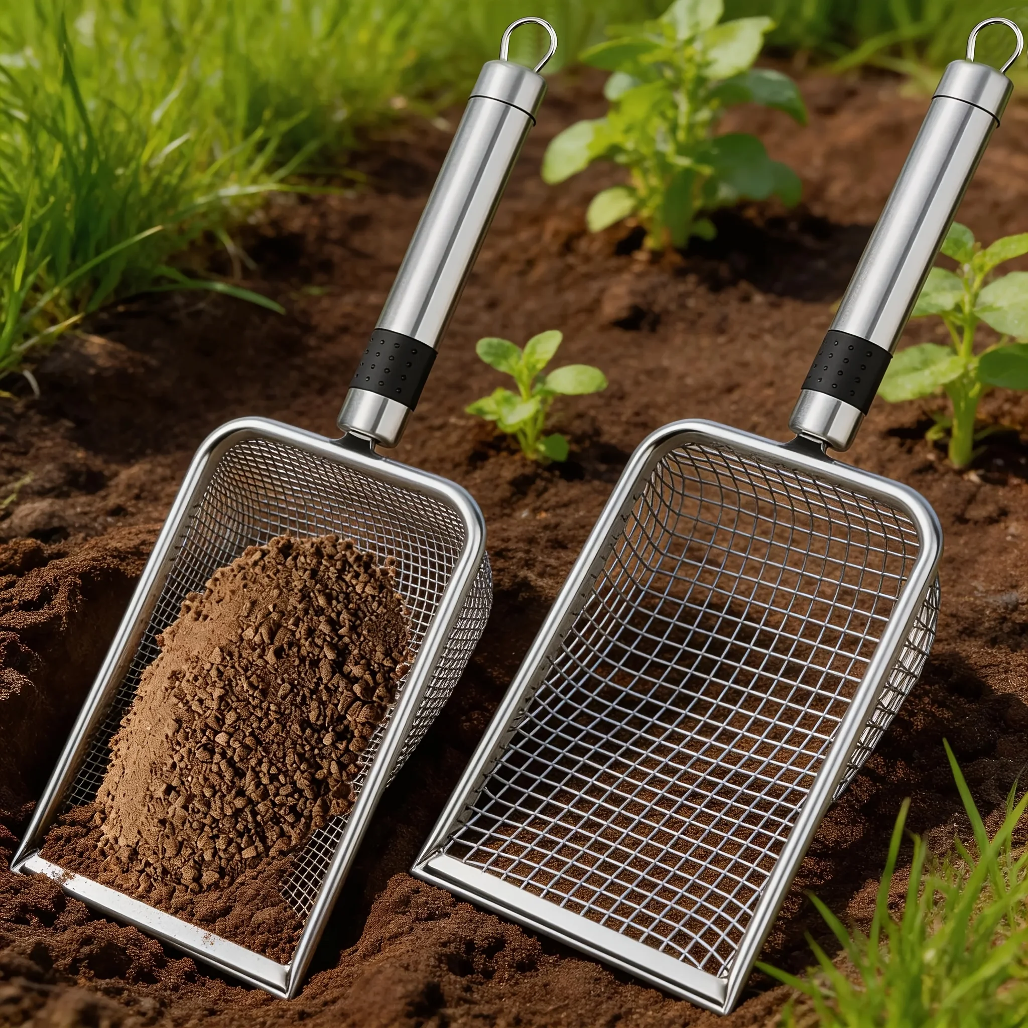 2 peneles de acero inoxidable para cribar tierra de jardín con mango, filtro de arena y compost, para césped y jardín, para filtrar restos de piedra, suministro práctico para jardinería