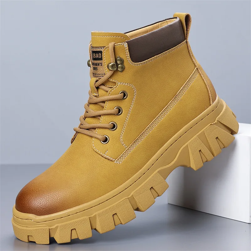 

Men's Winter High-Top Fleece Lined Cotton Shoes Genuine Leather Snow Boots Top Layer Cowhide Work Boots Warm Comfortable Footwea