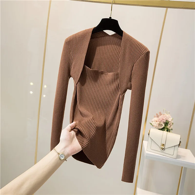 Fake Two-Piece Ribbed Knit Long Sleeve Crop Top for Women Pullovers Plain Sweater Jumper Teen-girl Fall Winter Basic Outfit