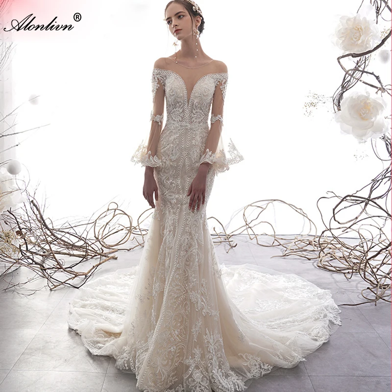 

Alonlivn Elegant Mermaid Wedding Dresses Beauty Appliques Lace Beading Pearls Trumpet Bridal Gowns