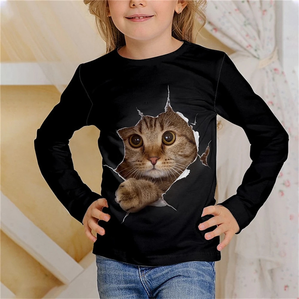 Children's Clothing Girl T-Shirts Long Sleeve Casual 3D Cat Print Kids Spring Fall Clothes Fashion Tops Outdoor Boy Girl Clothes