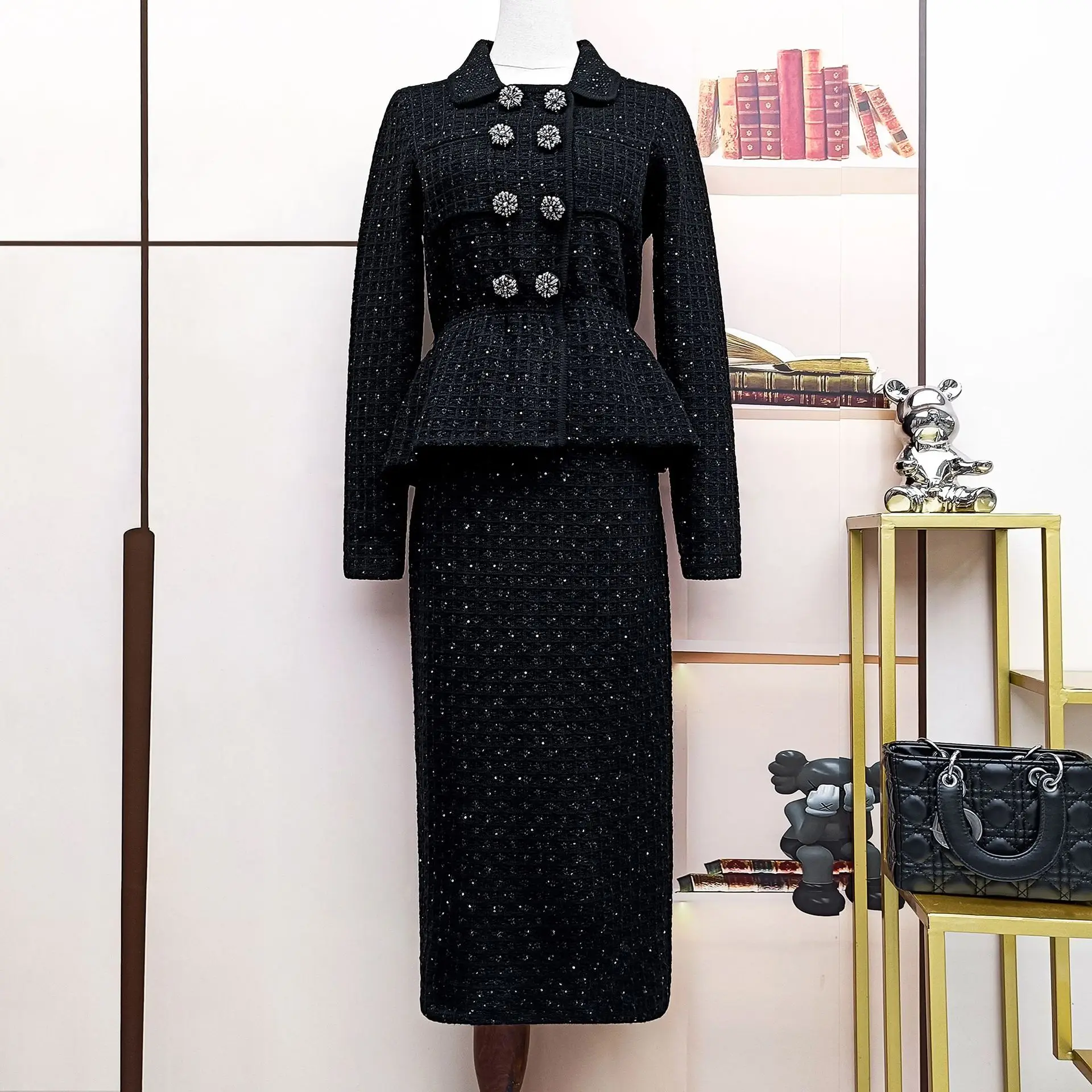 ZJYT Autumn Winter Thick Crystal Buttons Sweater Skirt 2 Piece Clothing Sets Elegant Office Lady Party Outfit Fashion Suit Black