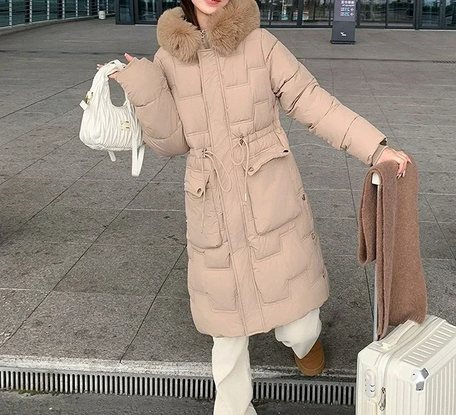 Winter 2026 New Down and Cotton Jacket for Women Medium To Long Length Waist Cinching Jacket Thickened