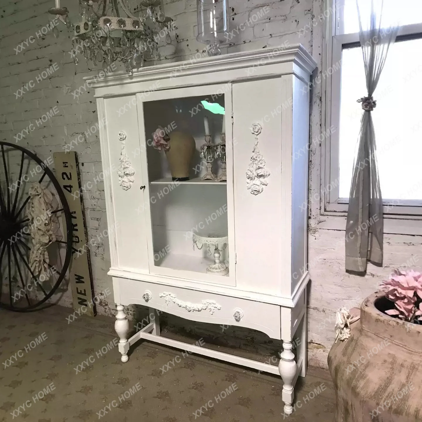 Solid wood carving flower glass wine cabinet retro multi-functional storage locker dining side cabinet wall display cabinet