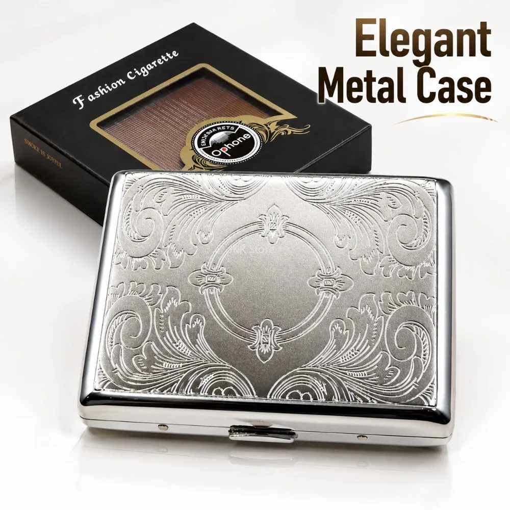 Stainless Steel Cigarette Box Embossed Portable Metal Case Storage Holder Smoking Accessory for Men Women Travel Daily Carry