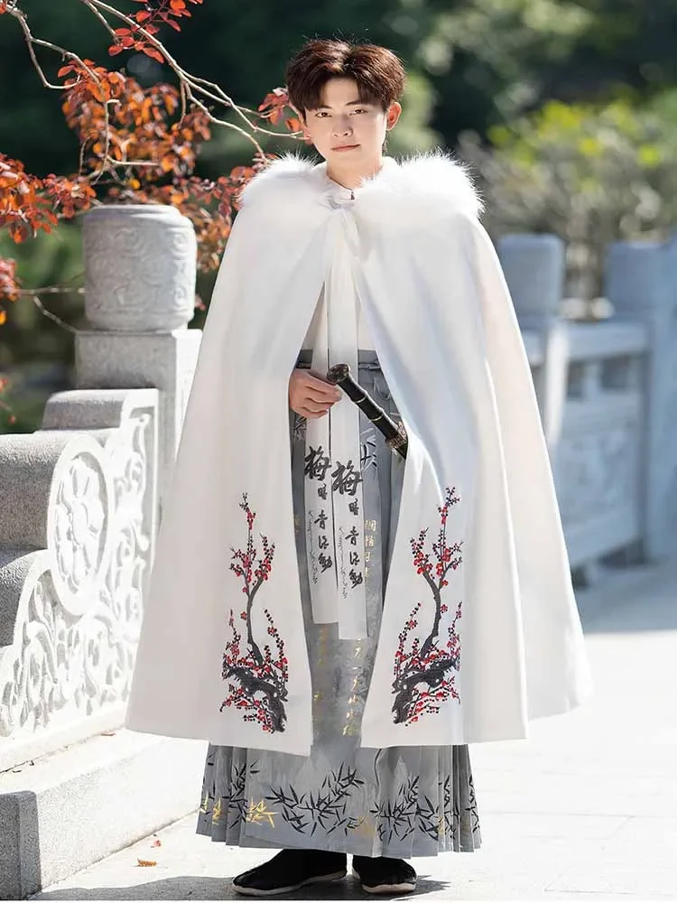 

Large Size 3XL Winter Hanfu Horse Face Skirt Men Chinese Traditional Weaving Gold Hanfu White Pleats Skirt Cloak Plus Size 4XL