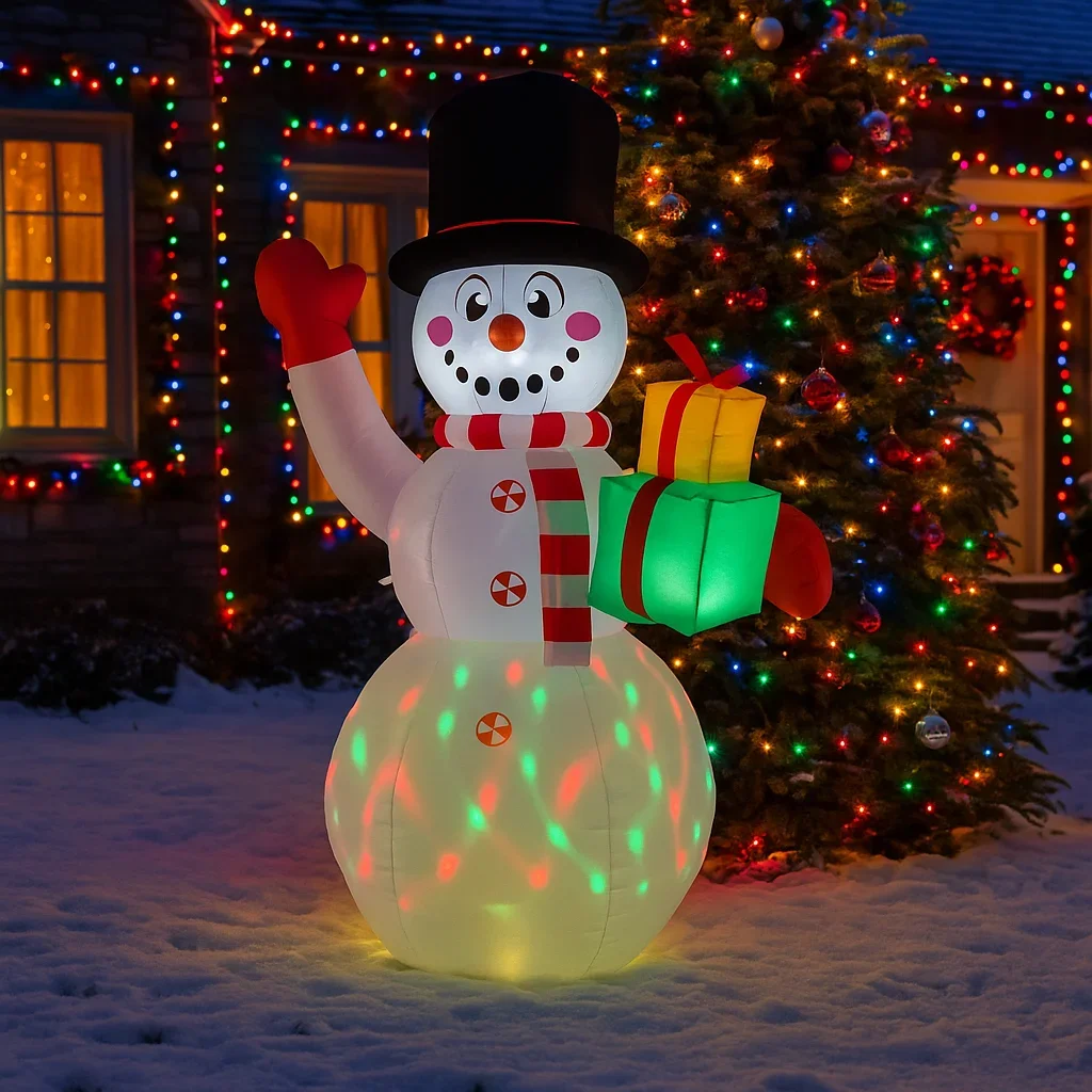 2.1M/6.8FT Kerstversiering Opblaasbaar Speelgoed Sneeuwpop Holding Geschenken Huis Tuin Ornamenten met LED Licht Kerst Outdoor Speelgoed