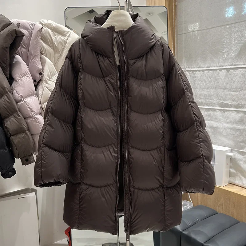 Europejska i amerykańska zimowa nowa kurtka puchowa damska, luźna, do dojazdów do pracy, wiatroodporna, z kapturem, 90% biały puch kaczy, ciepła kurtka.