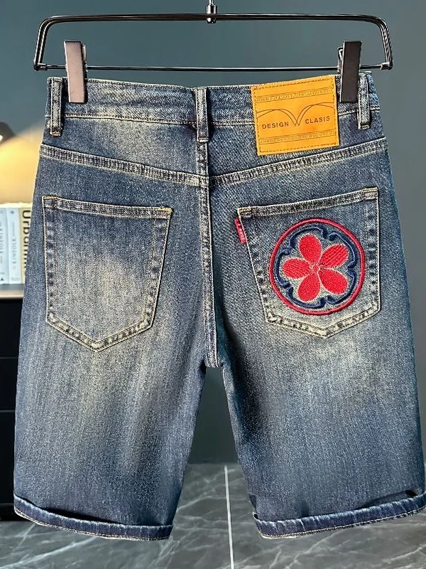 Trendy Brand Embroidered Carp Slim Fit Loose Jeans Shorts Men Summer Thin Straight Casual American Retro Five-Point Pants