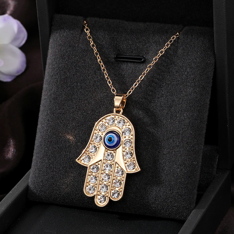 Hollow Zircon Heart Evil Eye Hand Hamsa Necklace Women Bling Lucky Blue Eye Fatima Hand Sweater Clavicle Chian Wedding Jewelry