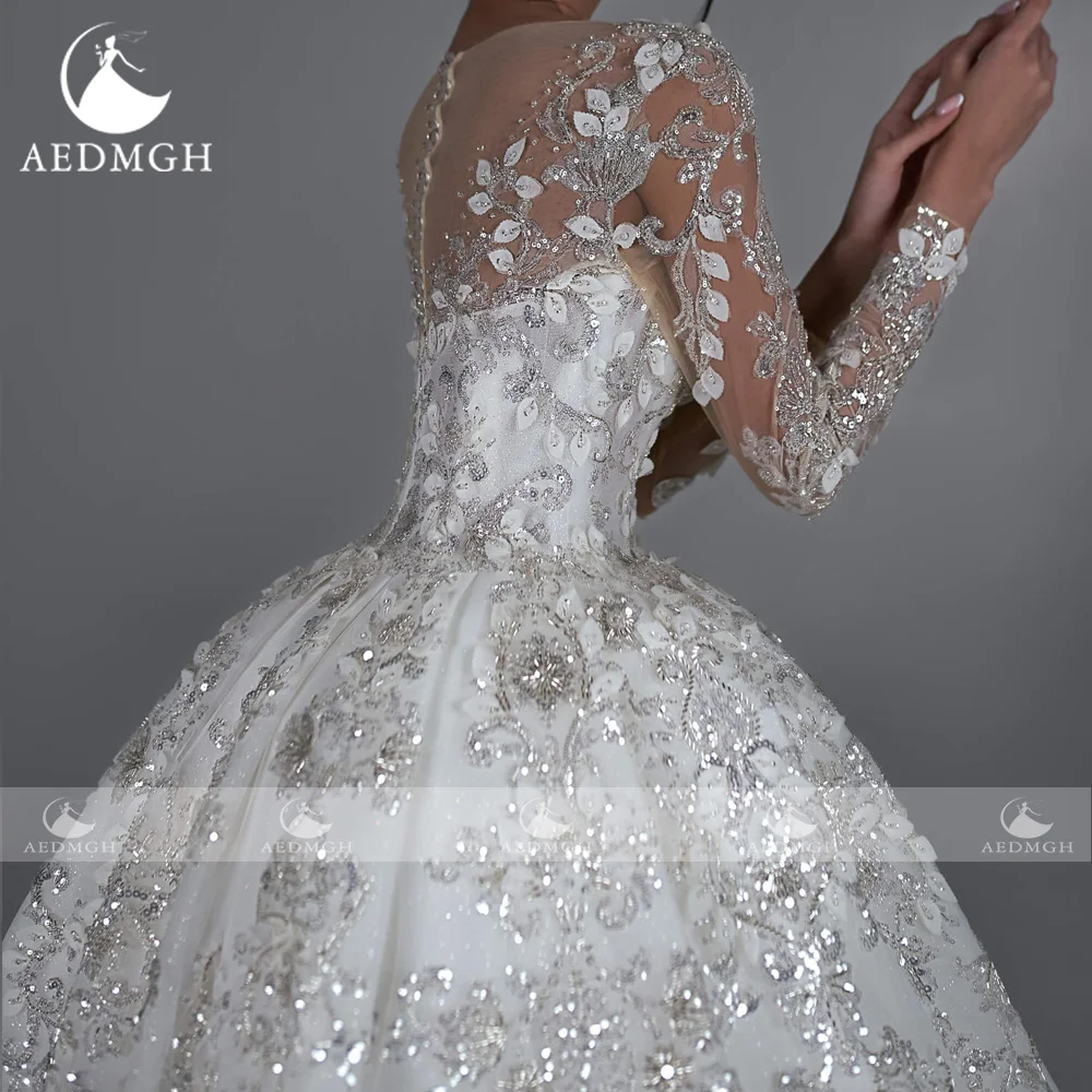 Aedmgh Luxury Princess Wedding Dresses 2024 O-Neck Long Sleeve Robe De Mariee Glitter Lace Beaded Ball Gown Vestido De Novia