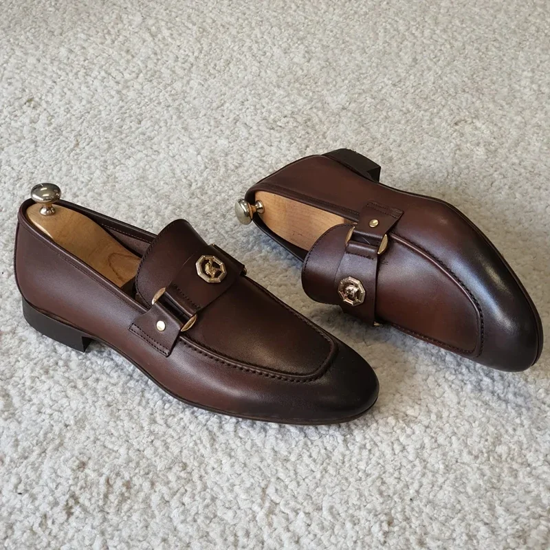 Mocasines marrones para Hombre, Zapatos De Vestir sin cordones con punta cuadrada, negocios, talla 38-48