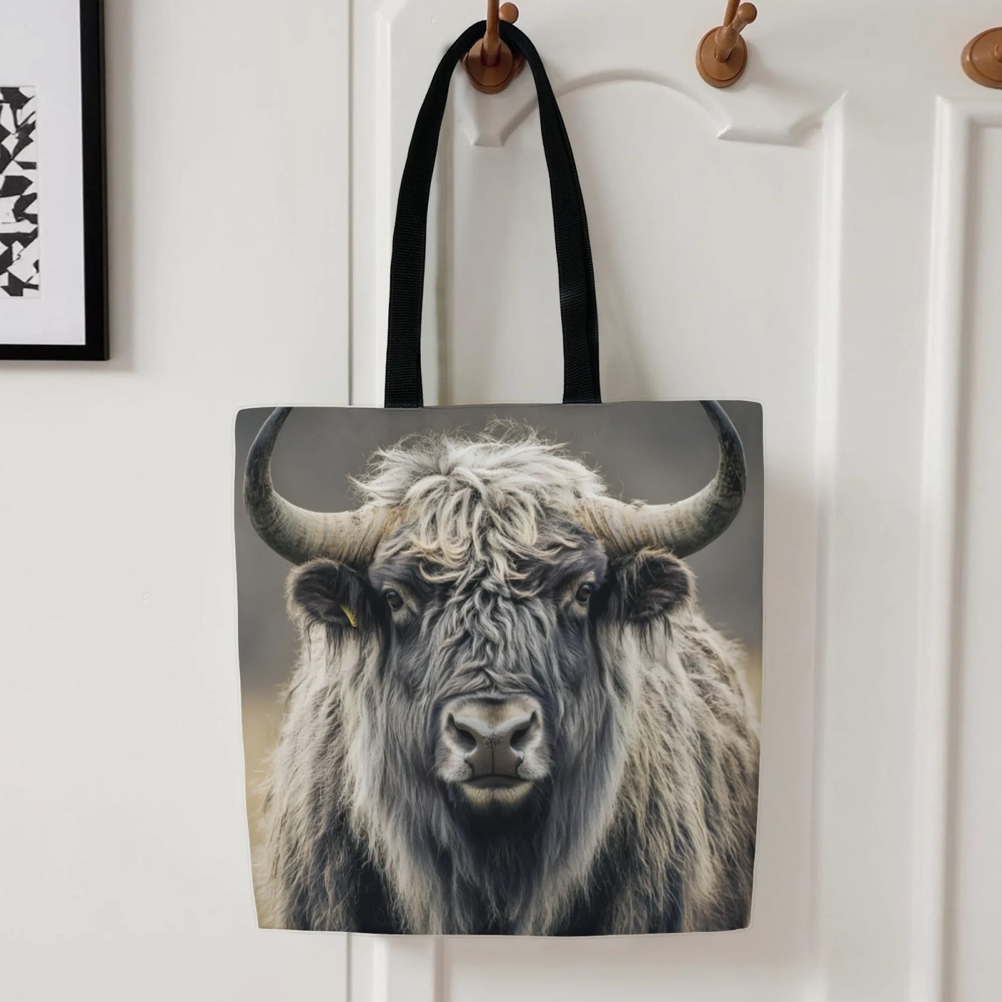 

Unique Yak Print Tote Bag Ethnic Tibetan Style Large Canvas Bag for Women Bohemian Animal Print Shopping Beach Bag