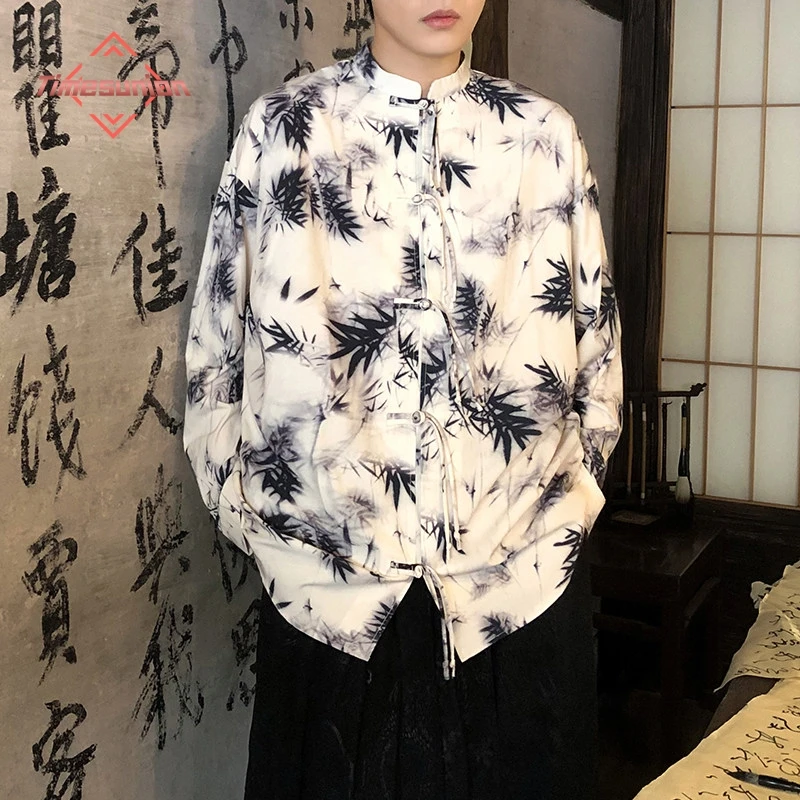 

New Chinese Style Shirts for Man Fashion Ink-wash Bamboo Printed Man Shirts Hanfu Buttoned lLong-sleeved Shirt