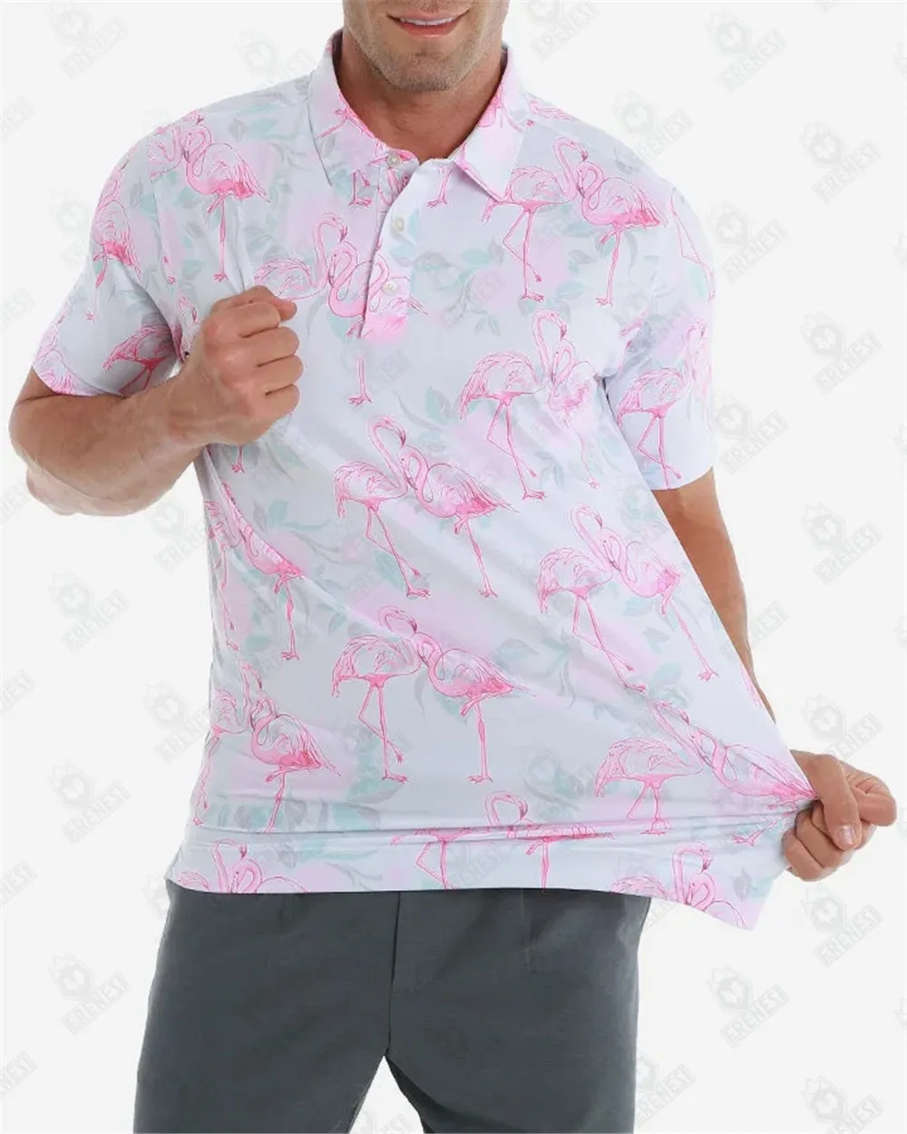 New Pink Flamingo Summer Men's Polo Golf Apparel Classic Moisture Wicking Dry Short Sleeve Quick Dry Printed Golf T-shirt