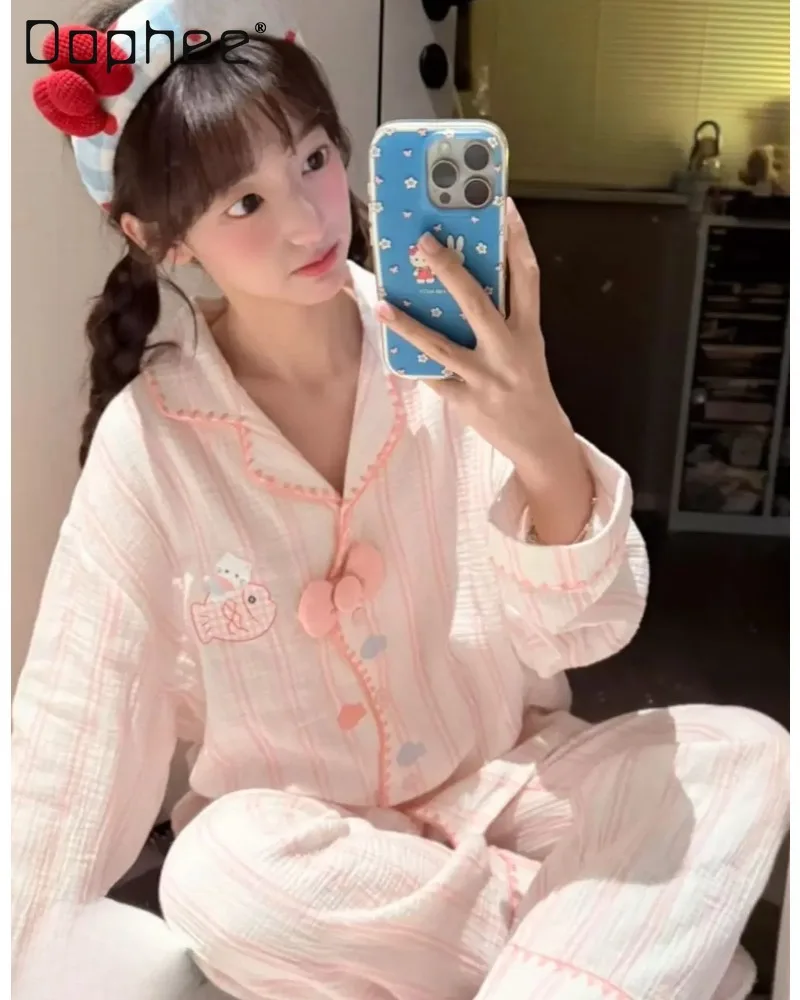 Japanese-style Sweet Cute Girl's Pajamas Three-dimensional Bow Collar Long Sleeves Long Pants Loose Comfortable Homewear Women