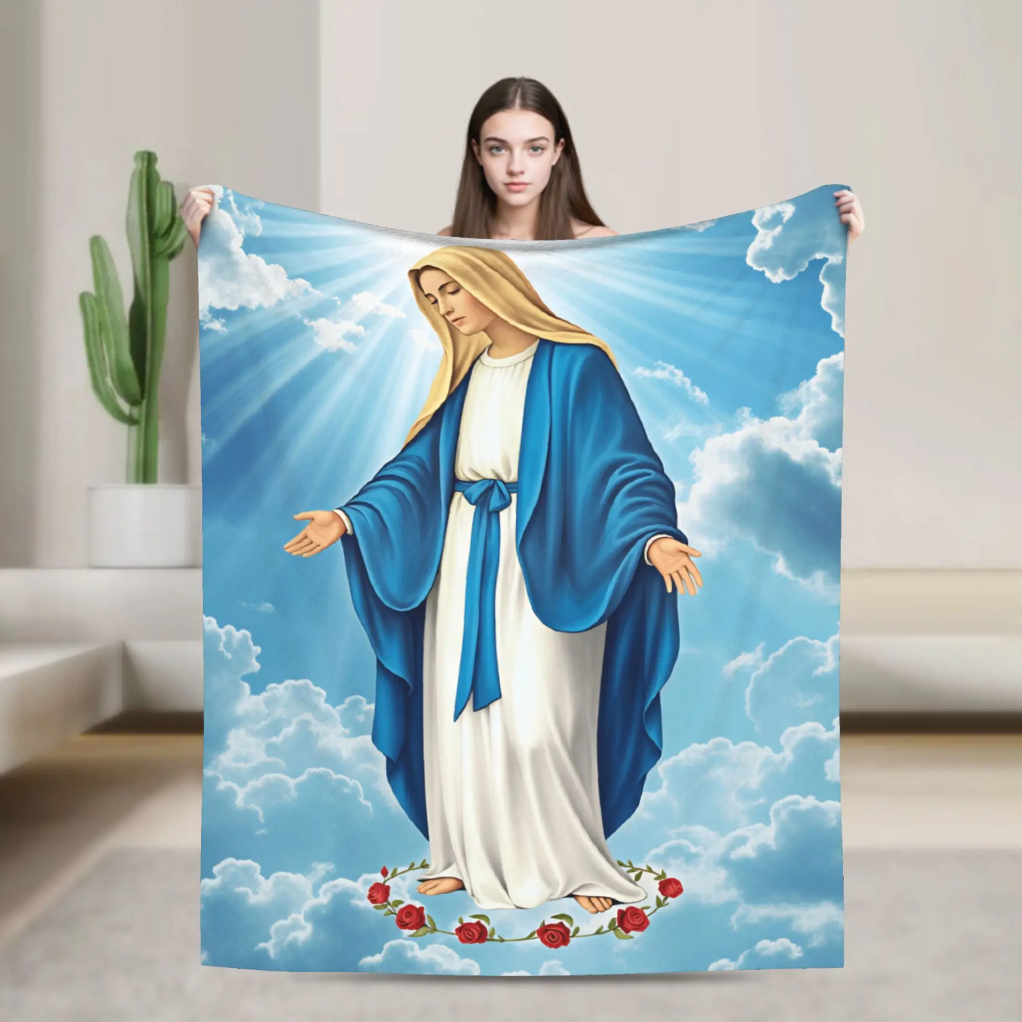 Our Lady Of Grace Virgin Mary Standing On Clouds Red Rose Wreath Flannel Blankets Kids Adults Super Soft Throw Blanket Bed Cover