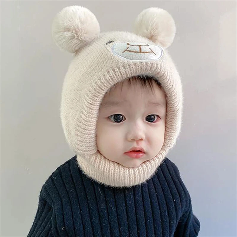 Winter Cartoon Bear Kids Ear Beanie Cap Baby Protection Hats Scarf Cute Bear Knitted Hat Neck Cover Toddler Boy Girl Bonnet ﻿