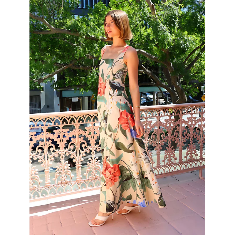 ABRT-เดรสยาวคอสี่เหลี่ยมแขนกุดลายดอกไม้ Flowy ของผู้หญิง A Line Maxi Dress