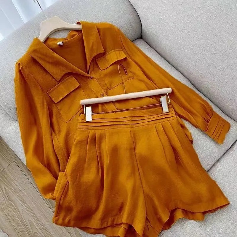 Lente Zomer Effen Kleur Korte Set Vrouwen Eenvoudige Casual Stijl Lange Mouw Shirts Shorts Tweedelige Sets Temperament Dame Kleding