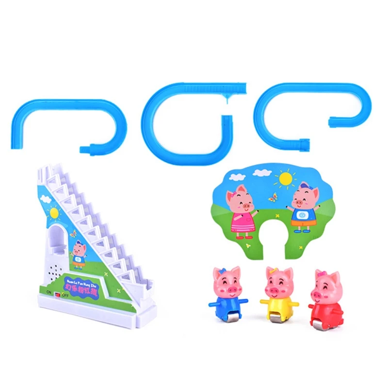 Piggy รางไฟฟ้าปีนบันไดของเล่นเพลงแสง Ramp Racer Track สไลด์ของขวัญ