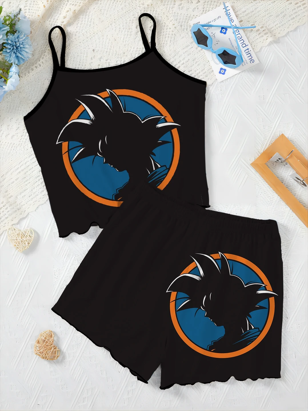 Slip Dress T-shirt Sałata Wykończenie Vegeta Piżama Spódnica Eleganckie zestawy damskie dla kobiet 2-częściowy Dragon Ball Son Goku Top Krótki