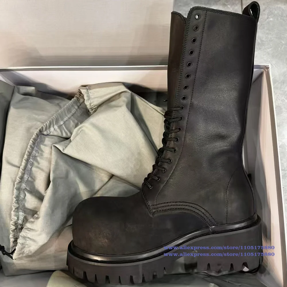 

Black Leather Men's Motorcycle Boots Thick-Soled Round Toe Waterproof Males Booties Luxury Designer Men's Shoes Botas Mujer