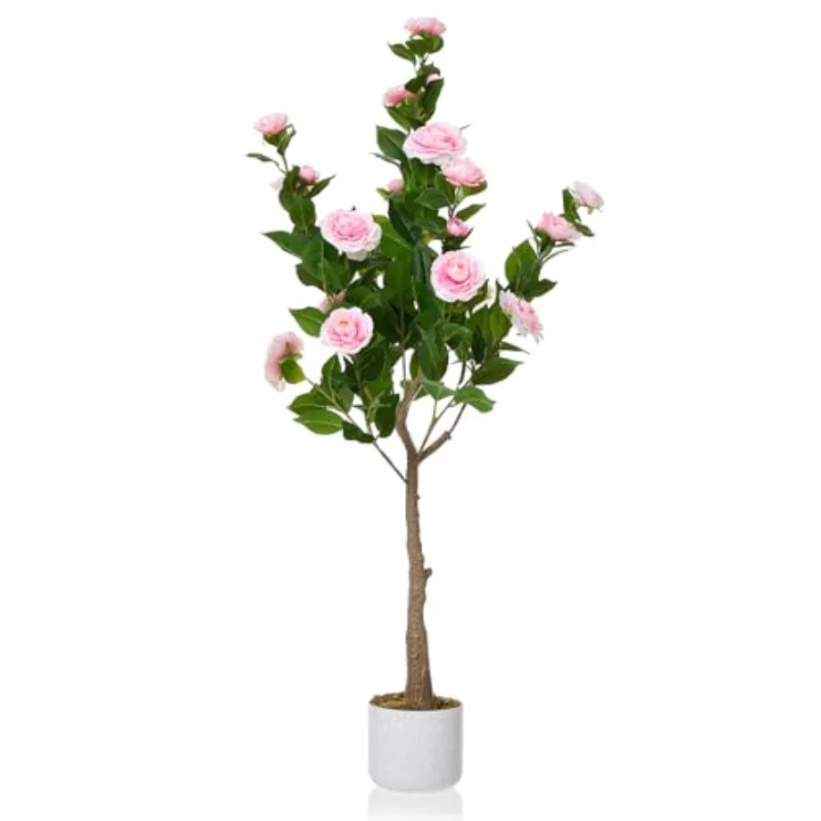 

4FT Artificial Tree with Pink Camellia Flowers in White Pot, Faux Camellia Tree for Indoor and Outdoor Decor, Artificial Fake P