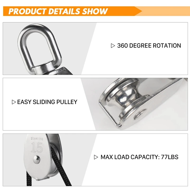 Kit de sistema de polia de aço inoxidável m15, roda de polia resistente, bloco de polia com corda de náilon, para levantamento, projetos diy duráveis
