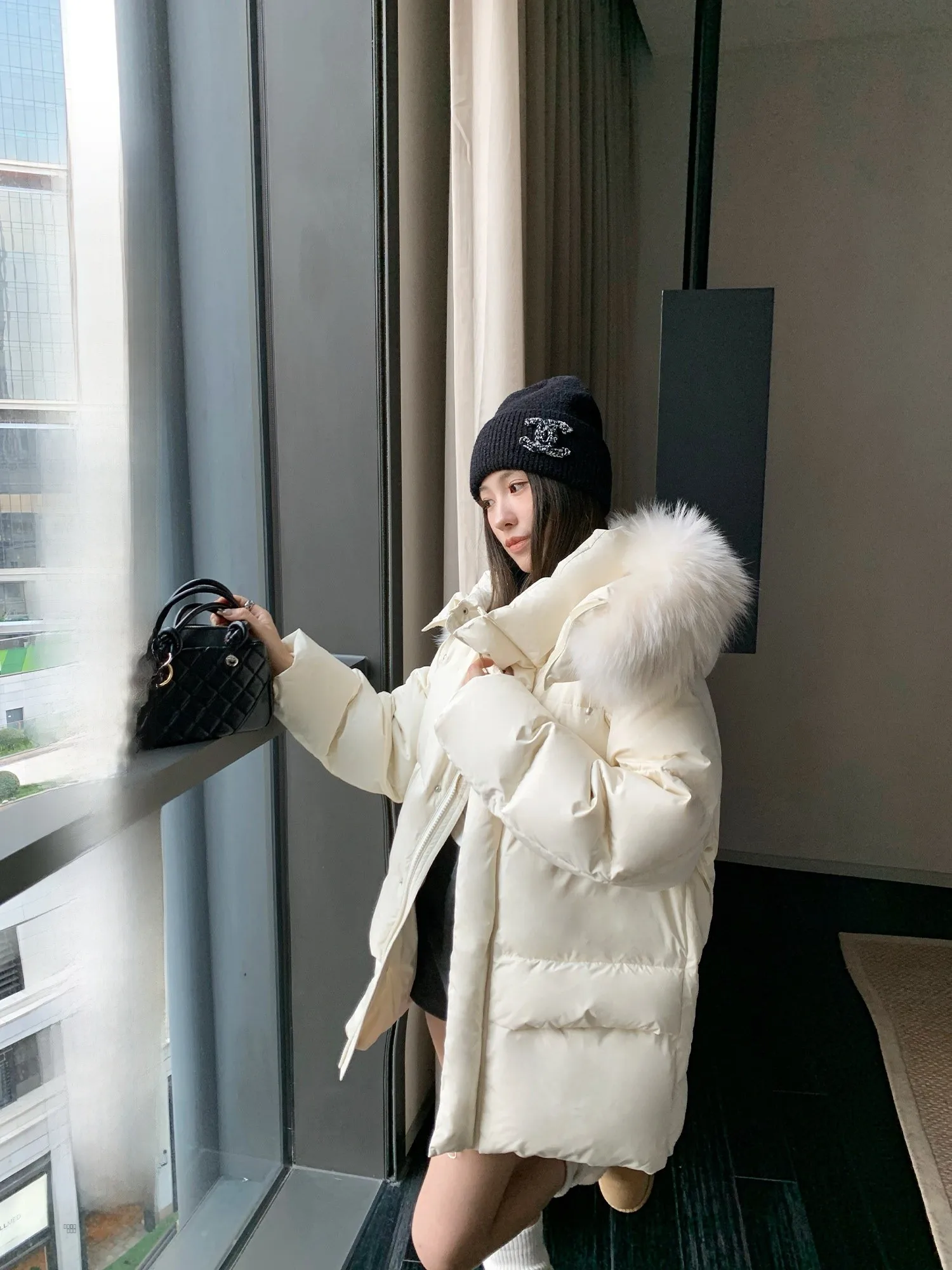 

Hhi Pure Winter Snow Hooded down Jaet Women's Thiened White Du Feather Collar Coat Casual Loose Sle Warmth Outerwear