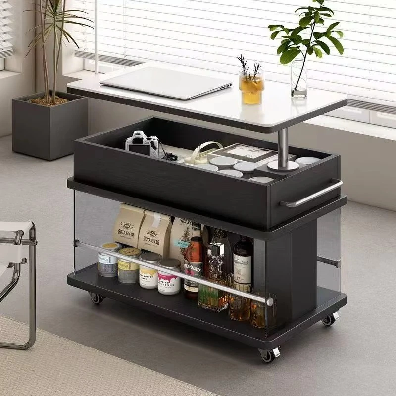 Stylish modern coffee table with wheels, can be lifted and lowered, the countertop is burnt stone, environmentally friendly