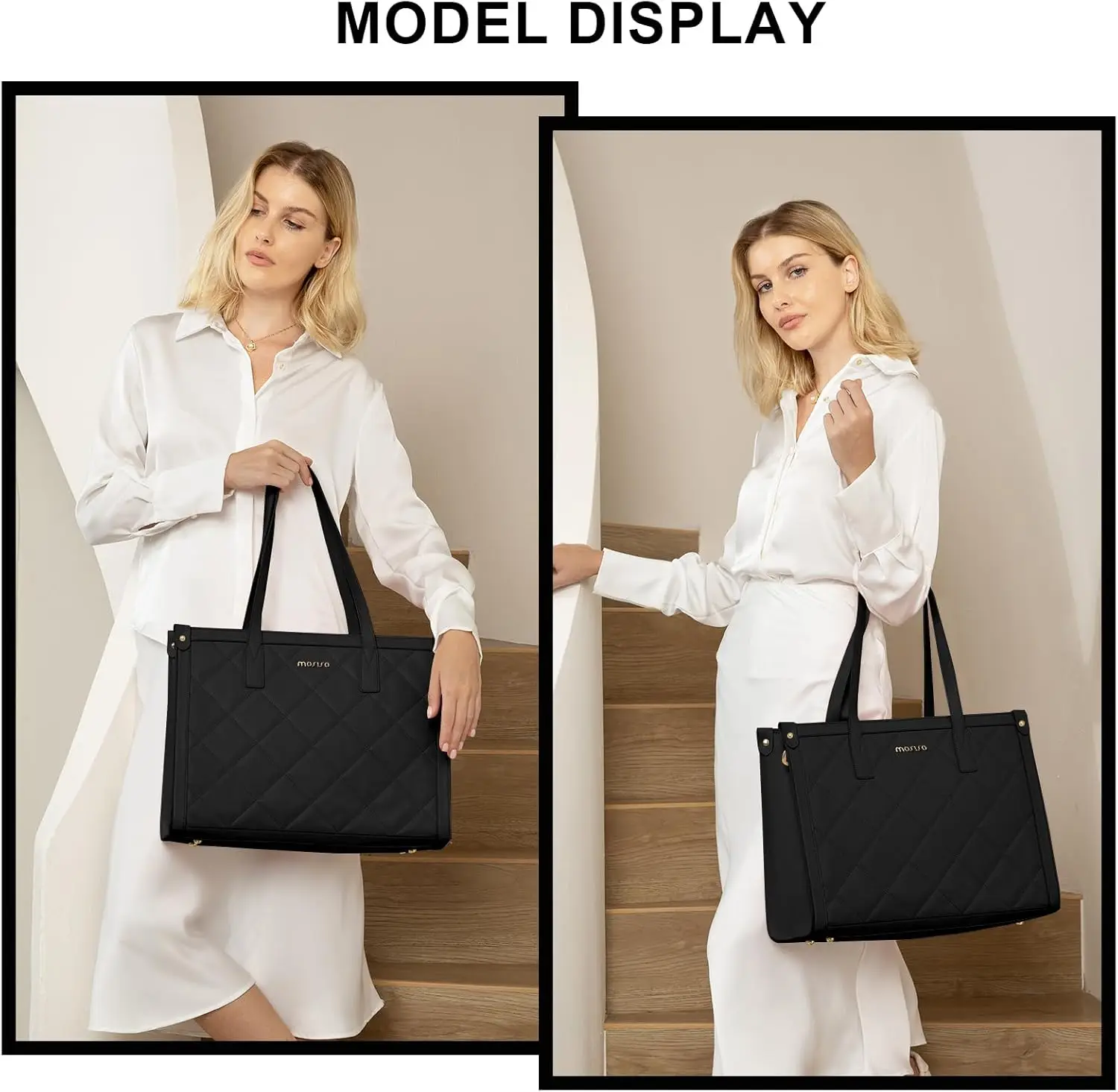 MOSISO Laptop Tote Bag for Women 15.6 inch PU Leather Large Capacity Teacher Computer Briefcase for Business Office Black Pink