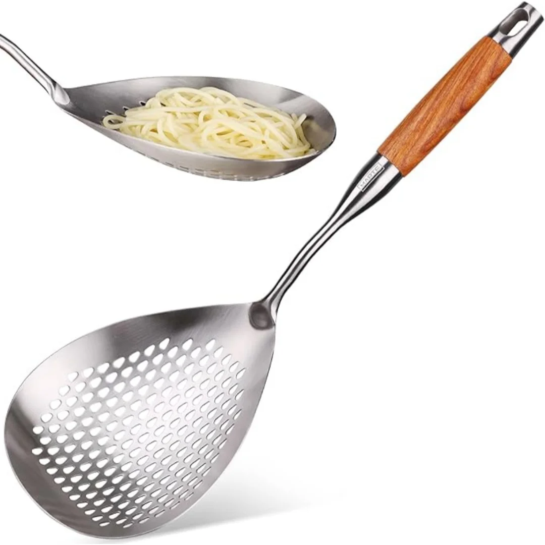 Large Stainless Steel Slotted Spoon - Wooden Handle Skimmer Spoon for Draining Pasta, Noodles, Fried Foods & Hot Pot view 3