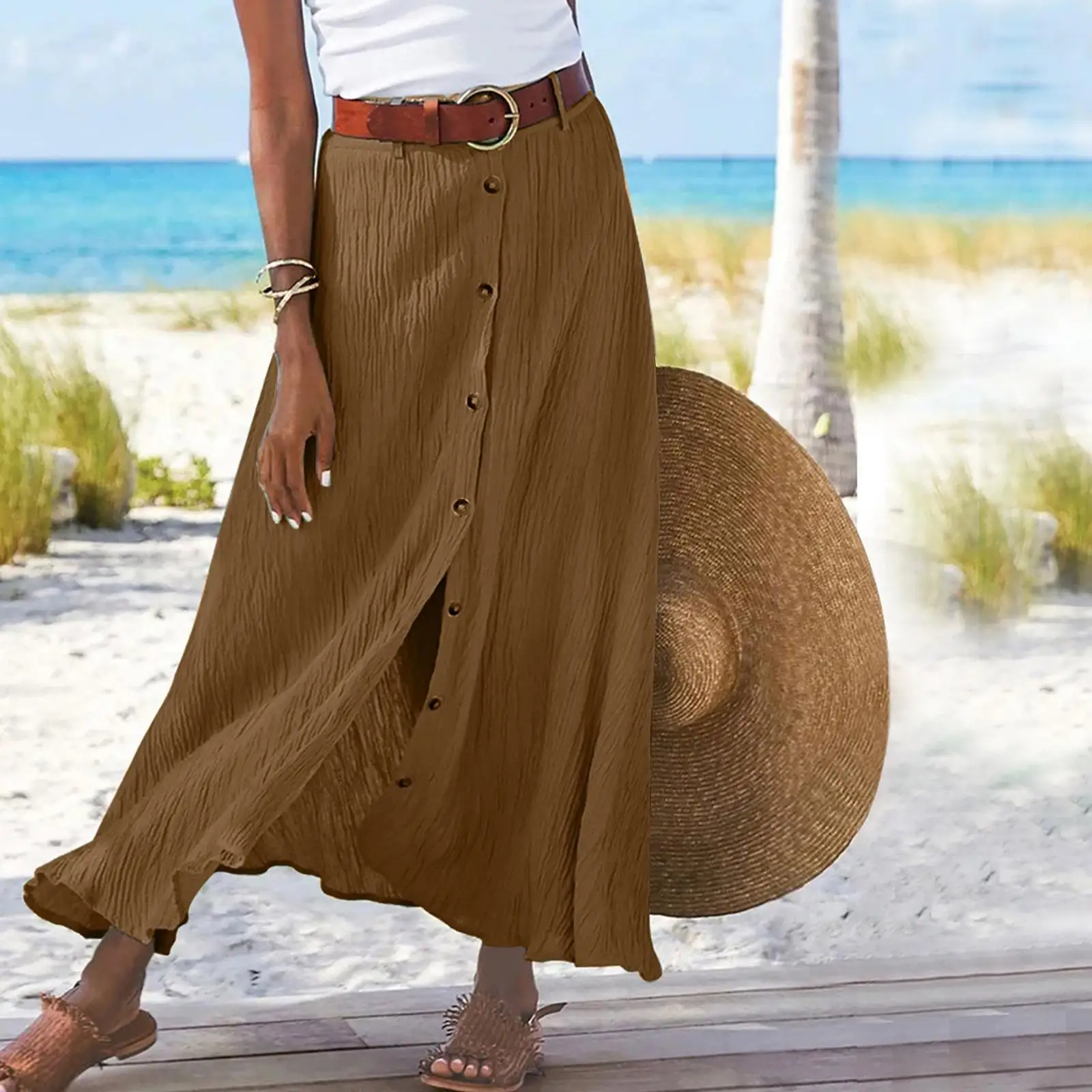 Women Skirt Spring Summer New Fashion Casual Cotton And Linen Solid Color Buttons Skirt Split A- Line Hip Waist Long Skirt