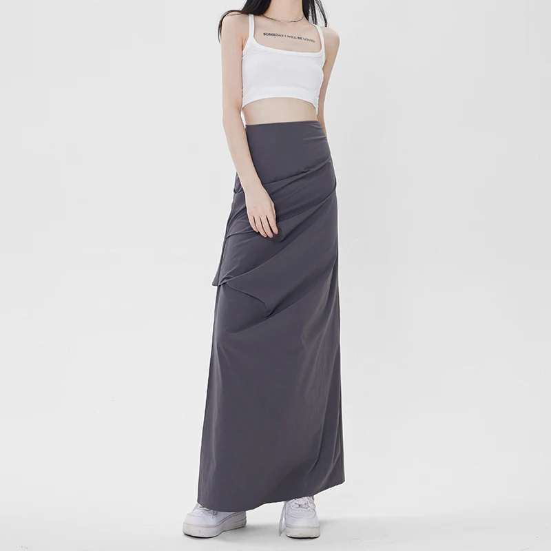 Elegant Skirt Women Spring Summer Slim Side Slit Pleated Mid-length Hip Skirt Y2k Vintage Fashion Bottoms Female Clothes