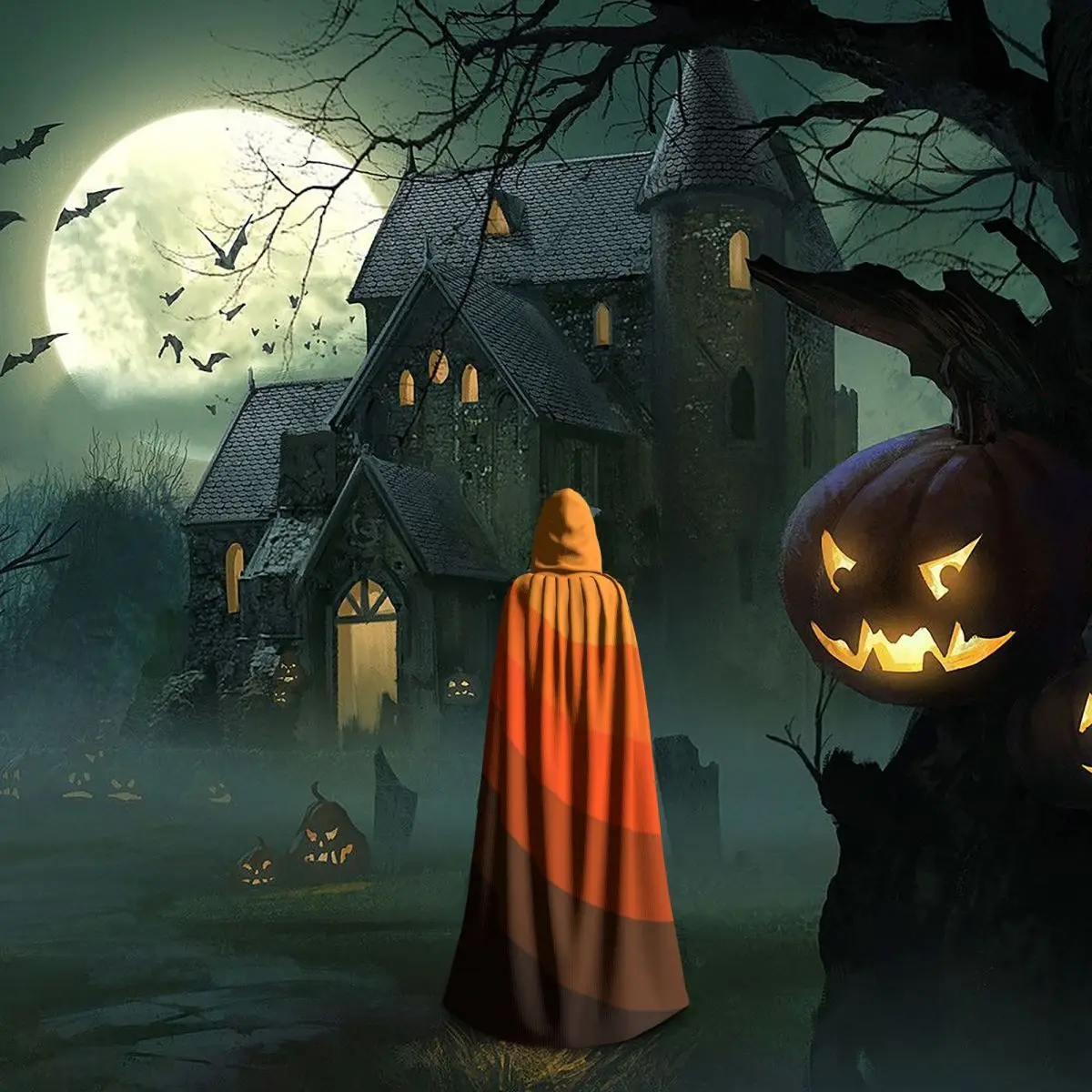 Brown And Orange Retro Sun Rays Long Hooded Cloak Witch Medieval Costume Cosplay Cape HalloweenVampire Adult Unisex