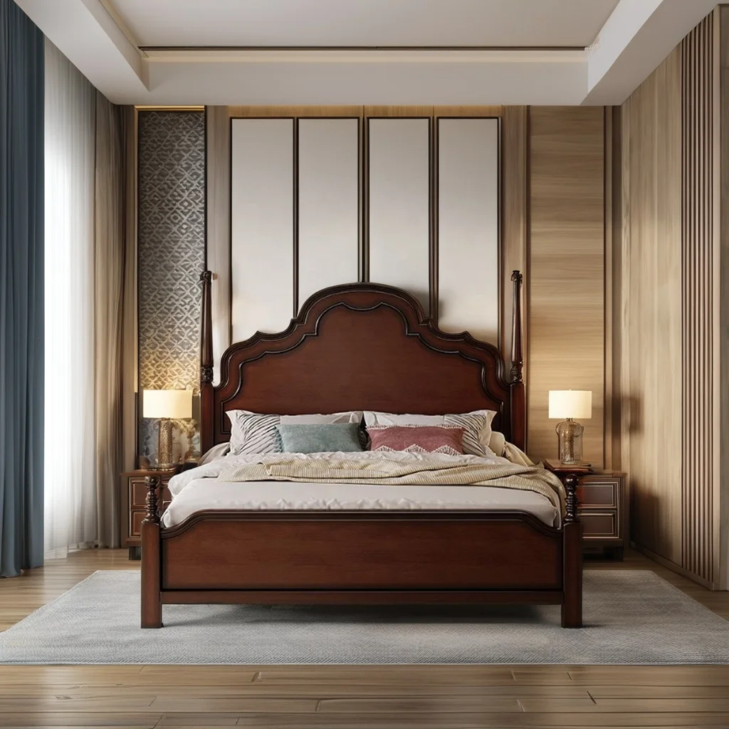 Vintage Anna Bed Solid Wood Panel Modern Minimalist Luxury Cream Finish Bedroom Furniture