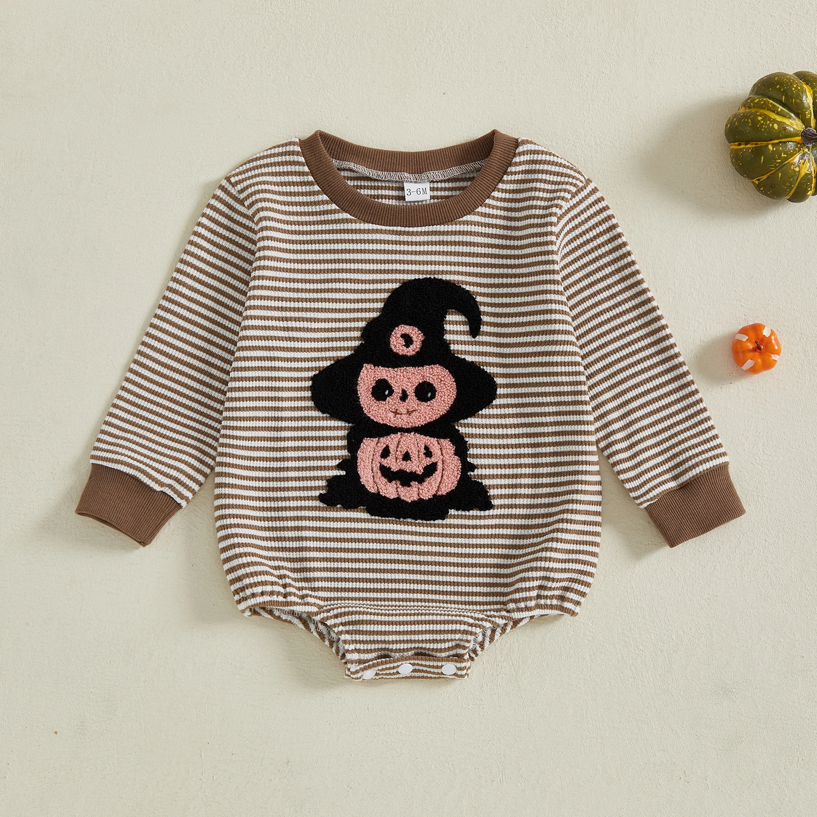 

2025-05-08 Lioraitiin Baby Boys Halloween Stripe Waffled Romper Pumpkin Witch Hat Embroidery Long Sleeve Round Neck Jumpsuit