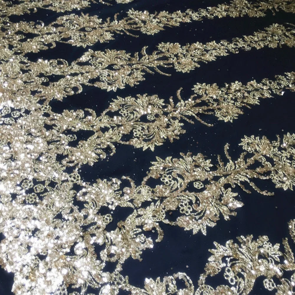 Translucent Dark Blue Sequin Fabric Large Flower Hot Stamping Hot Diamond Glitter Cloth for Evening Gown Wedding Dress DIY